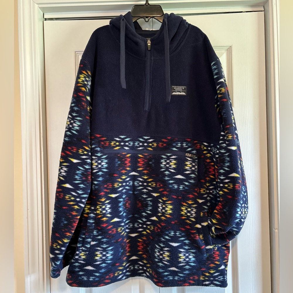 Massive Outdoors Retro Aztec Tribal Mens 1/4 Zip XXL Fleece Blue Hoodie